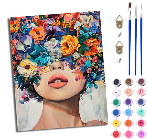 WJWWANG Malen nach Zahlen für Erwachsene Mädchen mit Blumen im Gesicht einfaches DIY-Ölgemälde-Set auf Leinwand mit3- Pinseln und Acrylpigment lustiges 40 × 50 cm（Rahmenlos） von WJWWANG