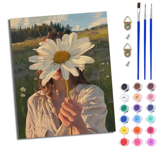 WJWWANG Malen nach Zahlen für Erwachsene Mädchen mit Gänseblümchen Mit Acryl Farben und Premium Pinsel 40x50CM Mit Rahmen Home Deko oder Geburtstag Weihnachten Geschenk von WJWWANG