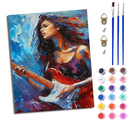 WJWWANG Malen nach Zahlen für Erwachsene Mädchen spielt E-Gitarre einfaches DIY-Ölgemälde-Set auf Leinwand mit3- Pinseln und Acrylpigment lustiges 40 × 50 cm（Rahmenlos） von WJWWANG