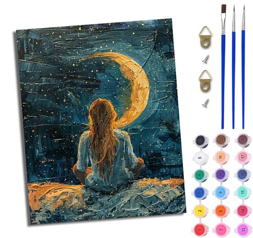 WJWWANG Malen nach Zahlen für Erwachsene Mondfrau zurück einfaches DIY-Ölgemälde-Set auf Leinwand mit3- Pinseln und Acrylpigment lustiges 40 × 50 cm（Rahmenlos） von WJWWANG