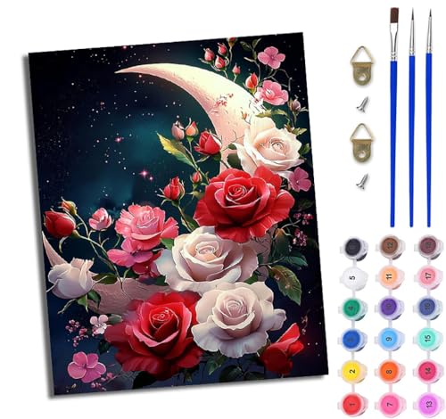 WJWWANG Malen nach Zahlen für Erwachsene Mondrosenblumen einfaches DIY-Ölgemälde-Set auf Leinwand mit3- Pinseln und Acrylpigment lustiges 40 × 50 cm（Rahmenlos） von WJWWANG