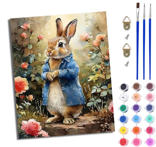 WJWWANG Malen nach Zahlen für Erwachsene Niedliches Kaninchen im Garten einfaches DIY-Ölgemälde-Set auf Leinwand mit3- Pinseln und Acrylpigment lustiges 40 × 50 cm（Rahmenlos） von WJWWANG