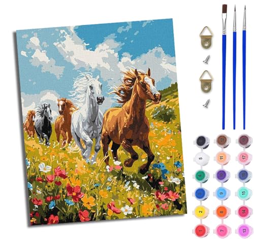 WJWWANG Malen nach Zahlen für Erwachsene Pferd rennt zwischen Blumen einfaches DIY-Ölgemälde-Set auf Leinwand mit3- Pinseln und Acrylpigment lustiges 40 × 50 cm（Rahmenlos） von WJWWANG