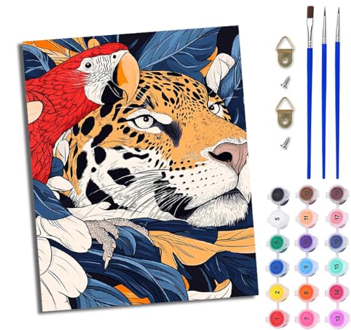 WJWWANG Malen nach Zahlen für Erwachsene Regenwald-Leopardenpapagei einfaches DIY-Ölgemälde-Set auf Leinwand mit3- Pinseln und Acrylpigment lustiges 40 × 50 cm（Rahmenlos） von WJWWANG
