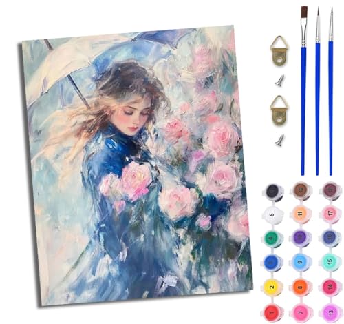 WJWWANG Malen nach Zahlen für Erwachsene Rosenschirmmädchen Mit Acryl Farben und Premium Pinsel 40x50CM Mit Rahmen Home Deko oder Geburtstag Weihnachten Geschenk von WJWWANG