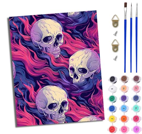 WJWWANG Malen nach Zahlen für Erwachsene Roter und blauer Flammenschädel einfaches DIY-Ölgemälde-Set auf Leinwand mit3- Pinseln und Acrylpigment lustiges 40 × 50 cm（Rahmenlos） von WJWWANG