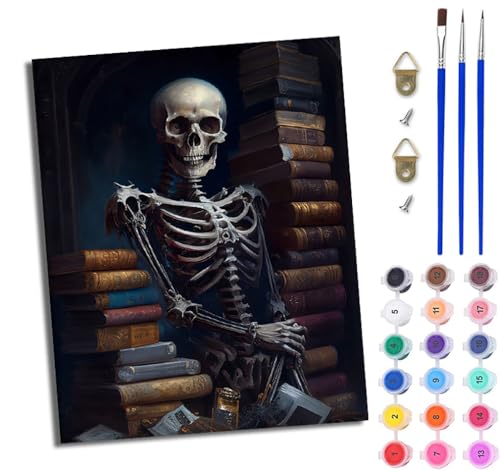 WJWWANG Malen nach Zahlen für Erwachsene Schädel und Buch einfaches DIY-Ölgemälde-Set auf Leinwand mit3- Pinseln und Acrylpigment lustiges 40 × 50 cm（Rahmenlos） von WJWWANG