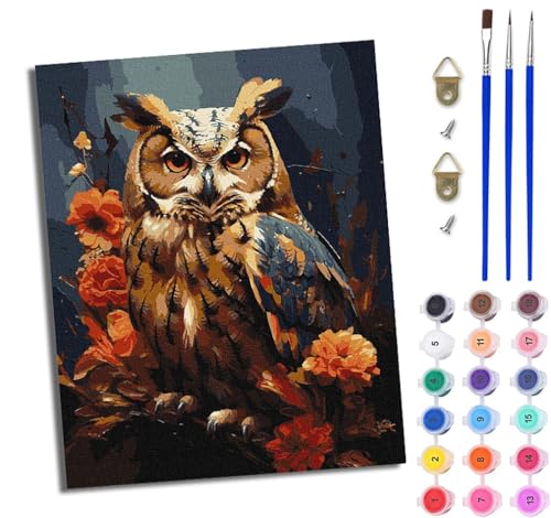 WJWWANG Malen nach Zahlen für Erwachsene Süße Eule mit Blumen einfaches DIY-Ölgemälde-Set auf Leinwand mit3- Pinseln und Acrylpigment lustiges 40 × 50 cm（Rahmenlos） von WJWWANG
