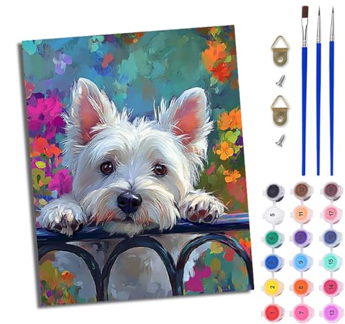 WJWWANG Malen nach Zahlen für Erwachsene Süßer West Highland Terrier Mit Acryl Farben und Premium Pinsel 40x50CM Mit Rahmen Home Deko oder Geburtstag Weihnachten Geschenk von WJWWANG