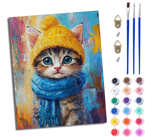 WJWWANG Malen nach Zahlen für Erwachsene Süßes Kätzchen mit Hut Mit Acryl Farben und Premium Pinsel 40x50CM Mit Rahmen Home Deko oder Geburtstag Weihnachten Geschenk von WJWWANG