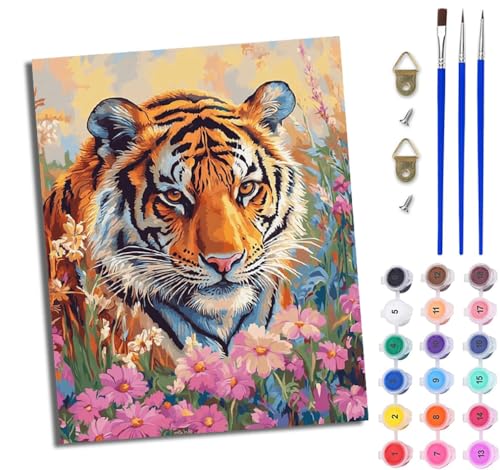WJWWANG Malen nach Zahlen für Erwachsene Tiger in den Blumen Mit Acryl Farben und Premium Pinsel 40x50CM Mit Rahmen Home Deko oder Geburtstag Weihnachten Geschenk von WJWWANG