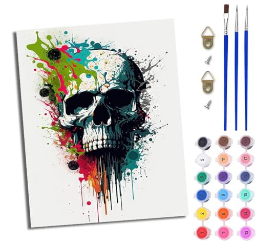 WJWWANG Malen nach Zahlen für Erwachsene Totenkopf im Inkjet-Stil Mit Acryl Farben und Premium Pinsel 40x50CM Mit Rahmen Home Deko oder Geburtstag Weihnachten Geschenk von WJWWANG