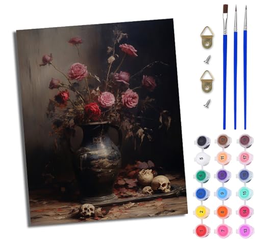 WJWWANG Malen nach Zahlen für Erwachsene Totenkopfvase Blumen Mit Acryl Farben und Premium Pinsel 40x50CM Mit Rahmen Home Deko oder Geburtstag Weihnachten Geschenk von WJWWANG