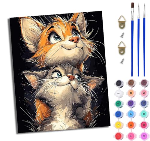 WJWWANG Malen nach Zahlen für Erwachsene Verträumte zwei Kätzchen Mit Acryl Farben und Premium Pinsel 40x50CM Mit Rahmen Home Deko oder Geburtstag Weihnachten Geschenk von WJWWANG