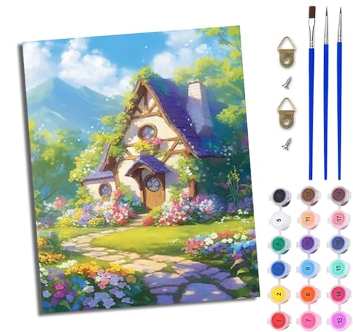 WJWWANG Malen nach Zahlen für Erwachsene Verträumtes Blumenhaus Mit Acryl Farben und Premium Pinsel 40x50CM Mit Rahmen Home Deko oder Geburtstag Weihnachten Geschenk von WJWWANG