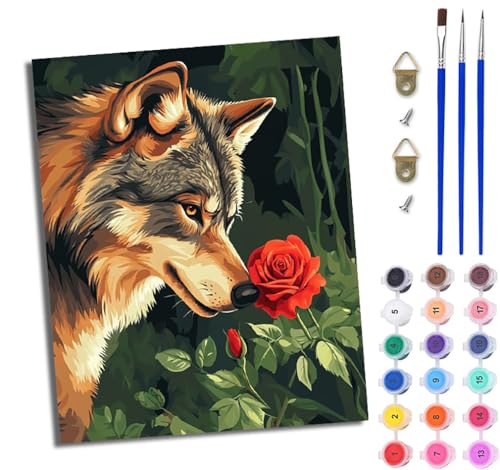 WJWWANG Malen nach Zahlen für Erwachsene Wolf und rote Rose einfaches DIY-Ölgemälde-Set auf Leinwand mit3- Pinseln und Acrylpigment lustiges 40 × 50 cm（Rahmenlos） von WJWWANG