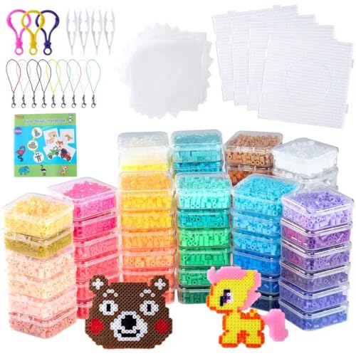 15000 Sicherungsperlen, 5 mm, 60 Farben, mit 4 Stecktafeln, 24 Seiten, 1:1 Musterbuch, 8 Eisenpapier, 4 Pinzetten, 20 Schlüsselanhänger für mehrfarbige Bastelarbeiten, Regenbogen-Halskette, Schmuck von WJXCYGG