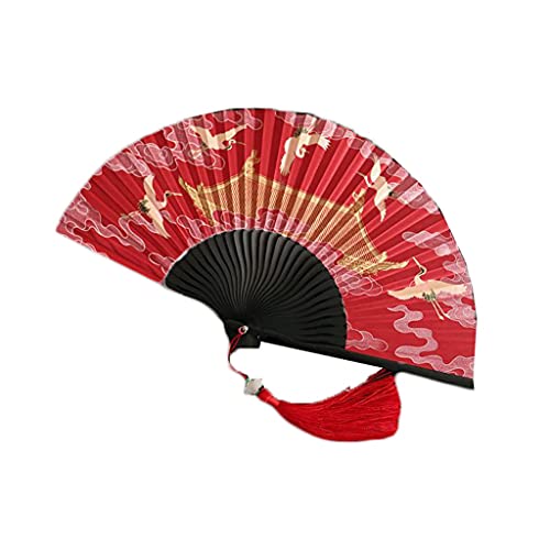 Hand-Faltfächer, Retro-Stil, 15,2 cm, Faltfächer, Kleiner Fächer im Sommer, Geschenkfächer, Kranich- und verheißungsvolle Wolkenmuster, Handfächer, Wanddekoration (Farbe: Rot) (Rot) von WLKBP