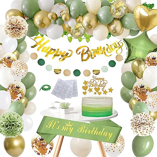WLKQY Geburtstagsdeko Grün Gold - Deko für Frauen und Männer Mit Happy Birthday Banner, Latex Luftballons, Schärpe, Pompons - für Mädchen Junge 16 18 30 40 50 60 70 80 Party von WLKQY