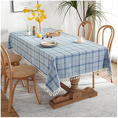 WLI Tischdecke 130x180cm Blau Rechteckige Tischdecke Baumwolle Leinen Waschbare Quasten Tischtuch, Staubdichte Tischdeko für Küche Esszimmer Tisch Speisetisch von WLL