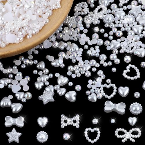 WLLHYF 500 Stück verschiedene 3D-Nagel-Charms, verschiedene Formen, Perlen mit flacher Rückseite, Schleife, Stern, Herz, Blume, gemischt, niedliche Maniküre-Applikation, Hohlperlen, Nageldekoration von WLLHYF