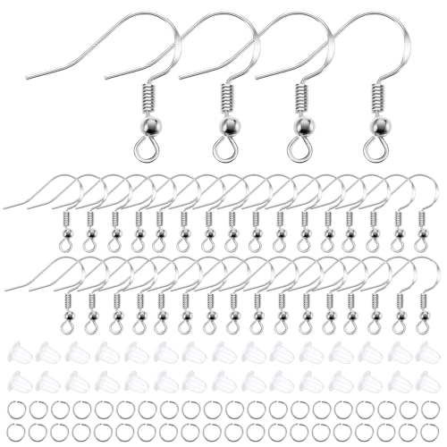 WLLHYF Silber Ohrring Haken, 100 Stück/50 Paar Ohrhaken Fischhaken 300 Stück Legierungs-Ohrring-Schmuckherstellungs-DIY-Kit mit 100 Biegeringen und 100 Stück Durchsichtigen Silikon-Rückenstoppern von WLLHYF