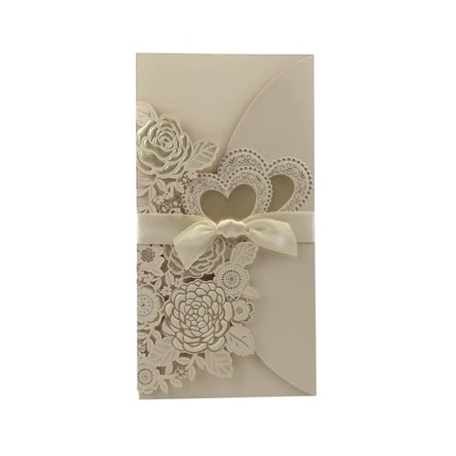 Hochzeitseinladungen Karte 50 Stück lasergeschnittene Rosenherz-Hochzeitseinladungskarten, Grußkarten, individuell anpassbar mit Band, Hochzeitsdekoration, Event-Partyzubehör Einladung(Only Gold Cover von WLTYSM