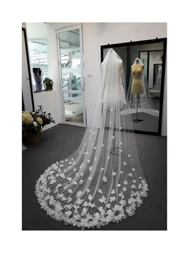 Weißer Langer Kathedralen-Hochzeitsschleier Mit 3D-Blumen, Floraler Spitze Und Blütenblättern, Braut-Hochzeitszubehör(Ivory,250cm) von WLTYSM
