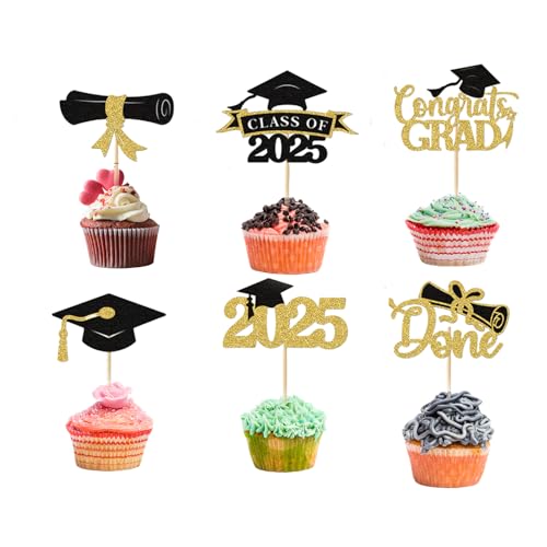 12 Stück Glitzer 2025 Graduation Cupcake Toppers,Bachelor Geschenk,Graduation Party,Master Abschluss Geschenke,Doktorhut,Bachelor Hut,Muffin Deko für Abschlussparty Dekoration (Schwarz,Gold) von WLVinson