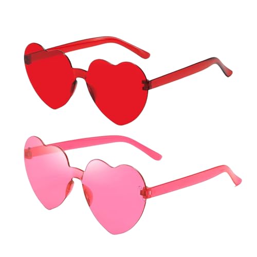 2 Stück Herz Sonnenbrille,Randlose Sonnenbrille in Rot und Rosa,Herzform Damen Brille,Partybrille für Fasching,Karneval & Hochzeiten,Retro Herz Brille,Hippie & Valentinstag,Herzchen Brille für Frauen von WLVinson