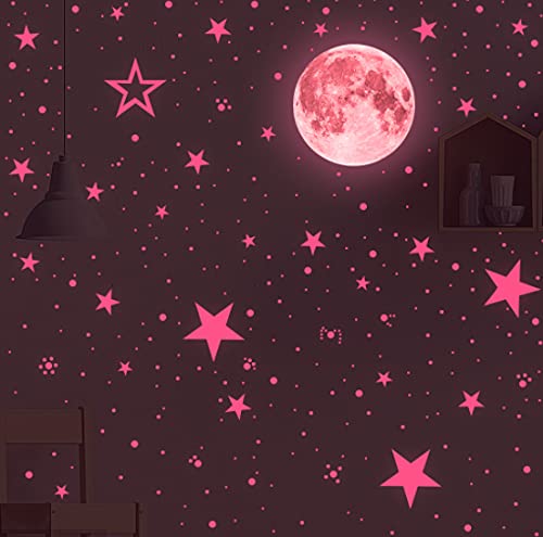 435PCS Leuchtsterne Wandsticker,Selbstklebend Glühender Mond Sticker Leuchtender Wandaufkleber für Kinderzimmer,DIY Schlafzimmer Dekorative Wandaufkleber für Junge Mädchen (Rosa) von WMLBK