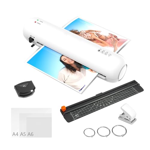 Laminiergerät A4 Mit Laminierfolien, 6 in 1 Laminiermaschine mit Papierschneider, Eckrunde, Locher und 15 A4 A5 A6 Laminierfolien Schnelles Aufwärmen für Büro Zuhause Schule Lehrer von WMYYLX