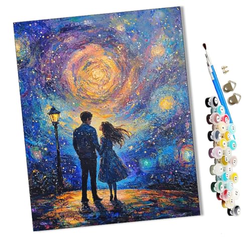 Malen Nach Zahlen Erwachsene Rückansicht des Paares unter dem Sternenhimmel DIY Handgemalt Ölgemälde Leinwand Kits Mit Pinsels und Acrylfarbe Als Geschenke und Heimdekoration Ohne Rahmen 40 x 50 cm von WMZPOY