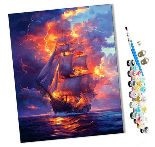 WMZPOY Malen Nach Zahlen Erwachsene Brennendes Segelboot auf See Bastelset Erwachsene Gemälde Leinwand 40x50 cm Mit Farbe und Pinsel - Geschenke und Maldekorationen von WMZPOY