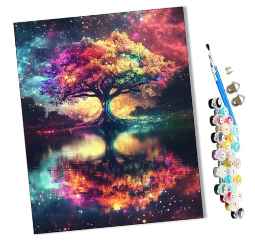WMZPOY Malen Nach Zahlen Erwachsene Bunte Baumreflexionen DIY handgemaltes Ölgemälde Set für Anfänger und Erwachsene, Acrylfarbe, Kindergemälde, Kreative Heimdekoration, Geschenk, Weihnachten von WMZPOY