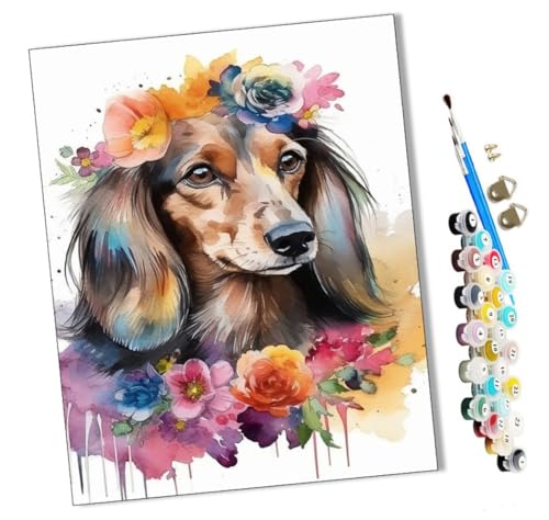 WMZPOY Malen Nach Zahlen Erwachsene Langhaardackel Blumen (10) Bastelset Erwachsene Gemälde Leinwand 40x50 cm Mit Farbe und Pinsel - Geschenke und Maldekorationen von WMZPOY