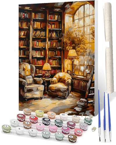 WMZPOY Malen Nach Zahlen Erwachsene Malen Nach Zahlen Tiere Anfänger Bücherregal DIY Ölgemälde Leinwand Kit für Geschenke und Home Wand Dekor (40x50cm) von WMZPOY