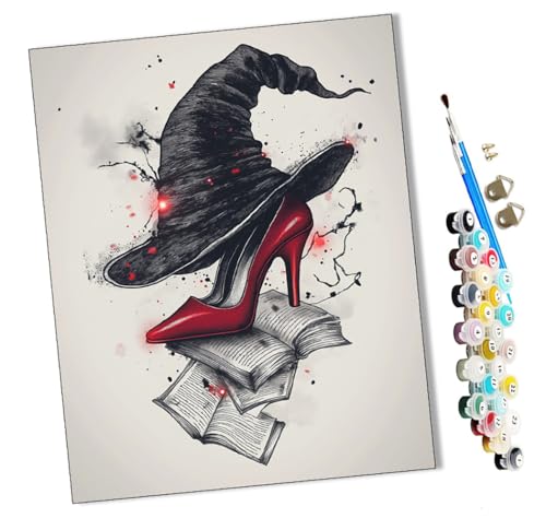 WMZPOY Malen Nach Zahlen Erwachsene Rote Schuhe und Zauberhut DIY handgemaltes Ölgemälde Set für Anfänger und Erwachsene, Acrylfarbe, Kindergemälde, Kreative Heimdekoration, Geschenk, Weihnachten von WMZPOY