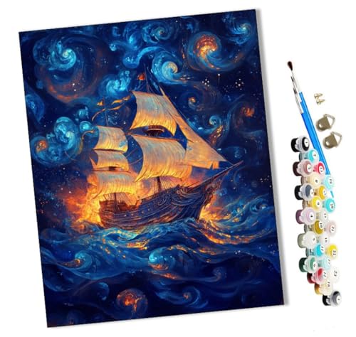 WMZPOY Malen Nach Zahlen Erwachsene Sternenhimmel und Segelboot Bastelset Erwachsene Gemälde Leinwand 40x50 cm Mit Farbe und Pinsel - Geschenke und Maldekorationen von WMZPOY