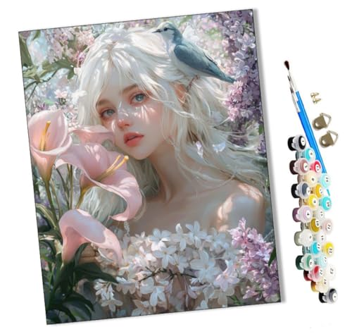 WMZPOY Malen Nach Zahlen Erwachsene Weißhaariges Mädchen und Blumen DIY Handgemalt Ölgemälde Leinwand Kits Mit Pinsels und Acrylfarbe Als Geschenke und Heimdekoration Ohne Rahmen 40 x 50 cm von WMZPOY