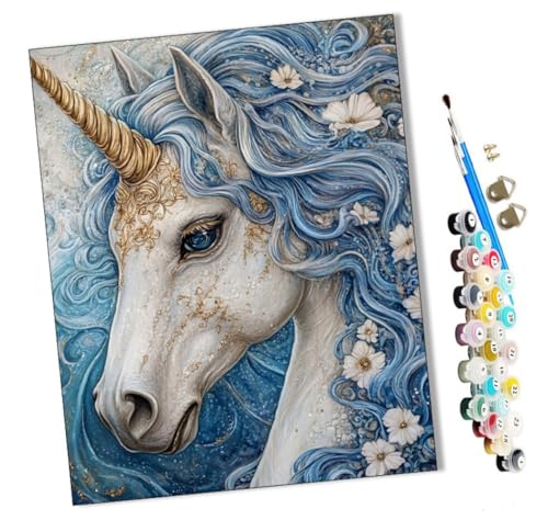WMZPOY Malen Nach Zahlen Erwachsene blau-weißes Einhorn Bastelset Erwachsene Gemälde Leinwand 40x50 cm Mit Farbe und Pinsel - Geschenke und Maldekorationen von WMZPOY
