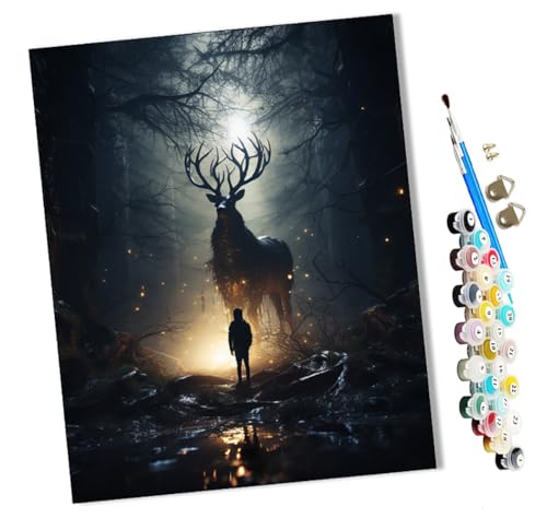 WMZPOY Malen nach Zahlen Hirsch und menschliche Silhouette Kits für Anfänger Erwachsene DIY Art Decor Handgemalte Malerei nach Zahlen Kreatives Geschenk Home Decoration 16x20 Zoll von WMZPOY