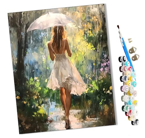 WMZPOY Malen nach Zahlen Kits Rückansicht eines Mädchens mit Regenschirm im Regen DIY vorgedruckte Leinwand Ölgemälde Geschenk für Erwachsene Kinder Home House Decor 40 * 50 cm rahmenlose von WMZPOY