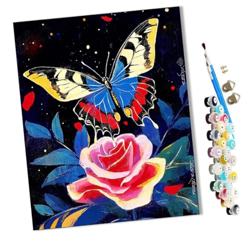 WMZPOY Malen nach Zahlen Sternennacht Rose Schmetterling Kits für Anfänger Erwachsene DIY Art Decor Handgemalte Malerei nach Zahlen Kreatives Geschenk Home Decoration 16x20 Zoll von WMZPOY