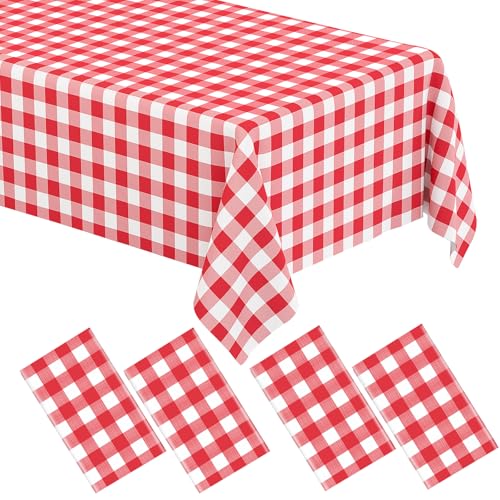 4 Stück rote Gingham-Tischdecken, rechteckig, rot und weiß kariert, Einweg-Tischdecken aus Kunststoff, für Partys, Picknicks, Geburtstage, Hochzeiten, Camping, 137 x 274 cm von WNINK