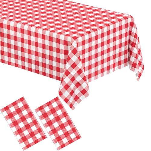Tischdecke mit rotem Gingham-Muster, rechteckig, rot und weiß kariert, Einweg-Tischdecken aus Kunststoff, für Partys, Picknicks, Geburtstage, Hochzeiten, Camping, 137,2 x 274,4 cm, Rot, 2 Stück von WNINK