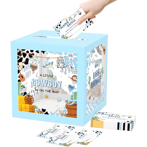 WNINK Blaue Cowboy-Windel-Tickets mit Windel-Verlosungsbox für Babyparty-Dekorationen, "A Little Cowboy is On The Way", Windel-Verlosungskarten, Box mit Western-Thema, Babyparty-Spiele, 50 Stück von WNINK