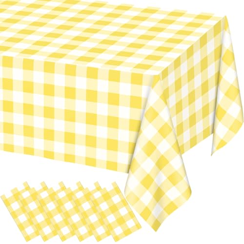 WNINK Rechteckige Kunststoff-Tischdecken mit Gingham-Muster, Gelb und Weiß kariert, Einweg-Tischdecken, 137,2 x 274,3 cm, für Geburtstag, Hochzeit, Brautparty, Picknick, Camping, Partys, 6 Stück von WNINK