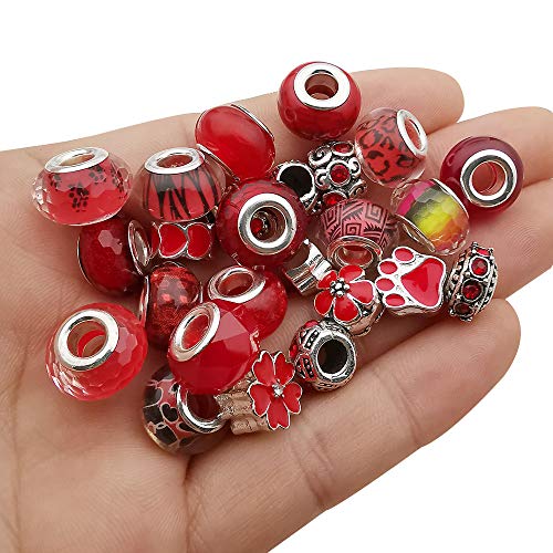 50 Stück gemischte rote Perlen aus Kunstharz mit großem Loch, europäisches Glas, mit Strass und Metall, für Bastelarbeiten, Armbänder, Halsketten, Schmuckherstellung (M573-rot) von WOCRAFT