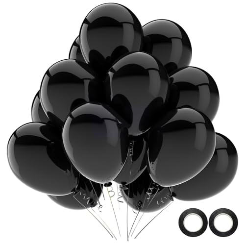 100 Stück Schwarze Luftballons,12 Zoll Schwarze Latex Party Ballons Helium Qualität für Gende Reveal,Geburtstag,Baby Shower,Hochzeit,Halloween oder Weihnachten Party Dekoration (mit schwarzem Band) von WOFEU